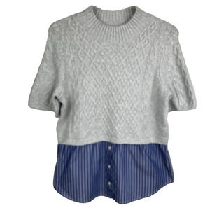 Anthropologie Maeve Melinda Cable Short-Sleeve Twofer Sweater Size XL Gray Blue